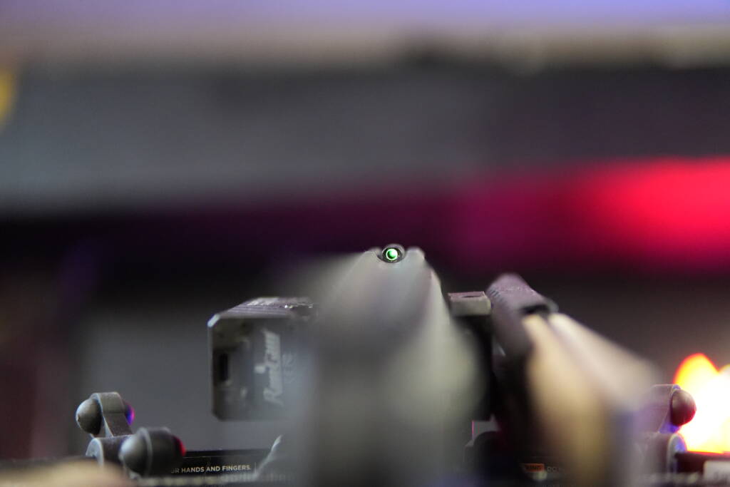 Meprolight tritium night sight on Steambow Stinger PD5 Professional repeating crossbow – glowing front sight detail