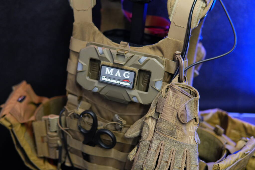 Modified Helikon-Tex Guardian plate carrier with Tasmanian Tiger pouches and mounted hard case on front panel