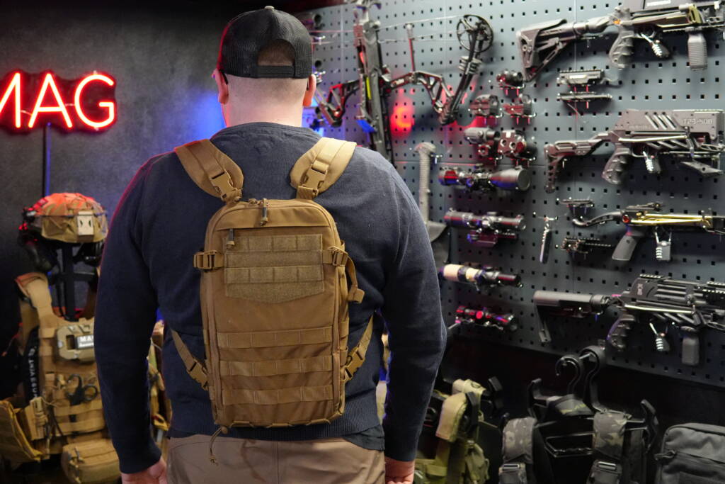 Helikon-Tex Guardian Small Pack worn as a standalone backpack, demonstrating low-profile fit and comfortable carry system.